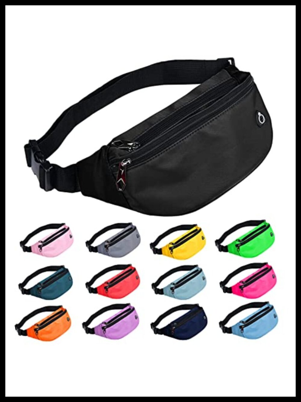 Water-Repellent Nylon Waist Pack Fanny Pack Sports Bag 3 Zippered Pockets
